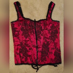 Vtg 90s Shirley of Hollywood Lace Floral Overlay Front Zip & Back Lace Up Corset
